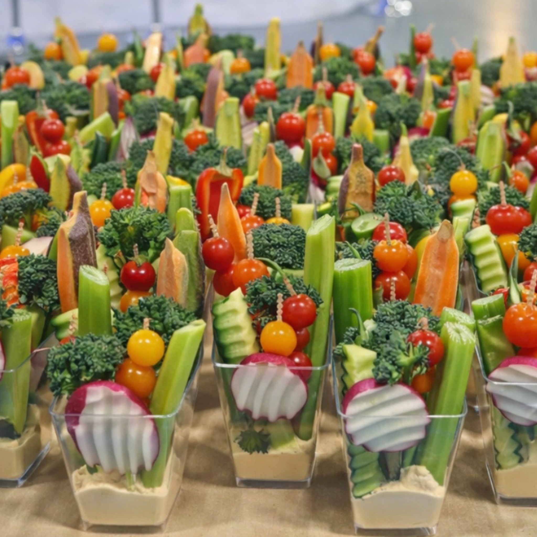 Individual veggie cups with hummus, celery, broccoli, cherry tomatoes, cucumber, carrots, and radish slices