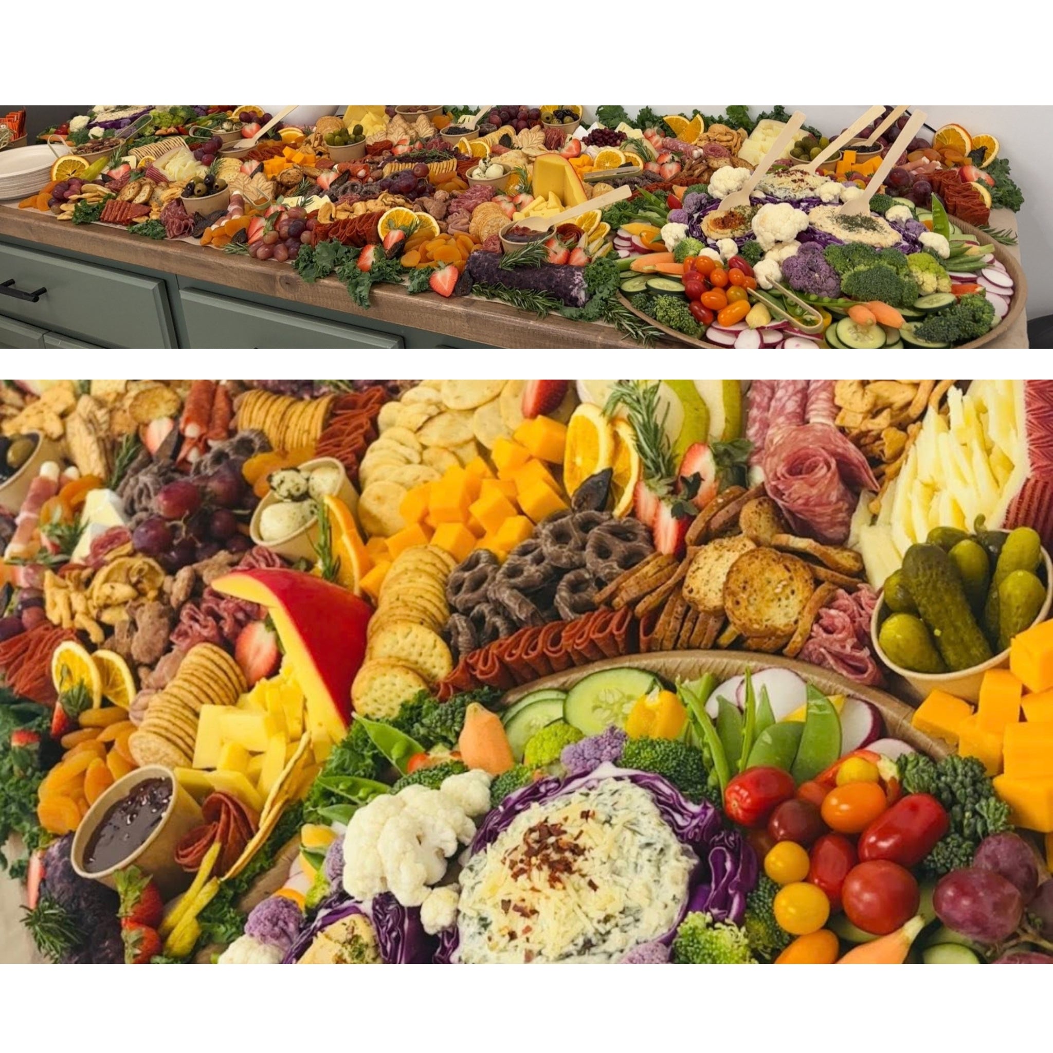 Full grazing table spread with charcuterie, cheeses, fresh fruit, crackers, dips, and vegetable platters